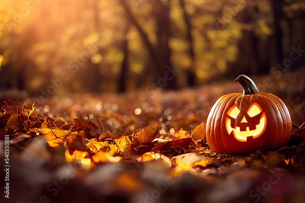 Obraz Halloween Jack-o-Lantern Pumpkin in Fall Autumn Leaves