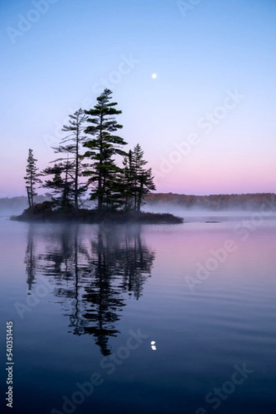 Fototapeta An island's silhouette reflects on a calm lake with the moon above. Wonderful morning purple and mauve colors in the sky and water. Islet Lake, Alqonquin Provincial Park, Ontario, Canada.