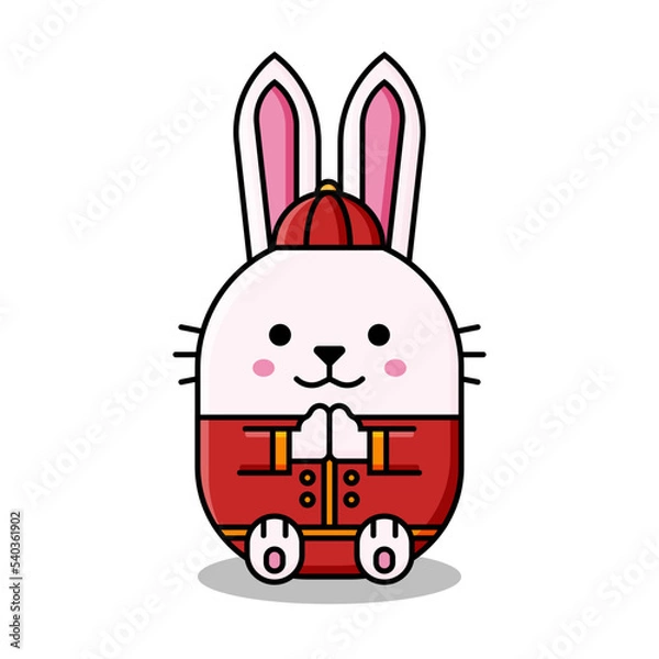 Fototapeta Happy chinese new year 2023. Cute rabbit cartoon character design. Year of rabbit zodiac. Rabbit making greeting gestures with chinese costume.