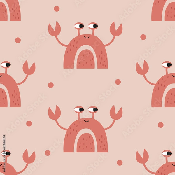 Fototapeta Seamless rainbow pattern with cute crab. Vector illustration