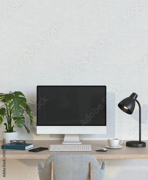 Fototapeta 3D render of interior living room workspace with desk and desktop computer