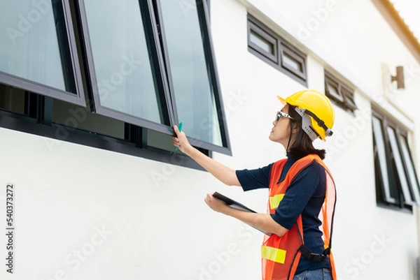 Obraz Women home Inspector surveyor wearing vests and hard hat at new property