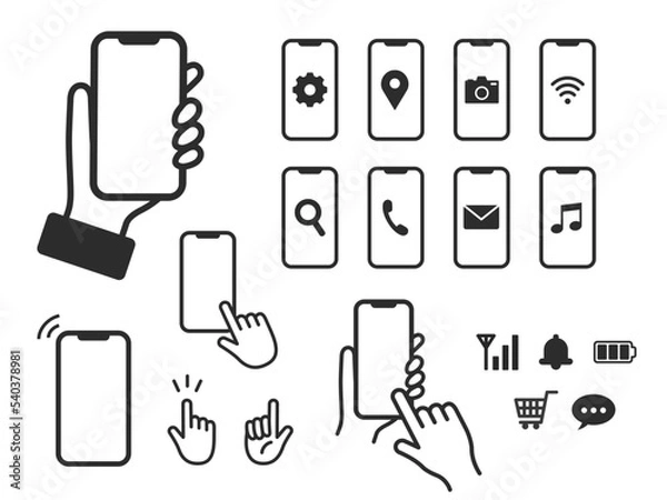 Obraz スマートフォンを持つ手とアイコンのセット

