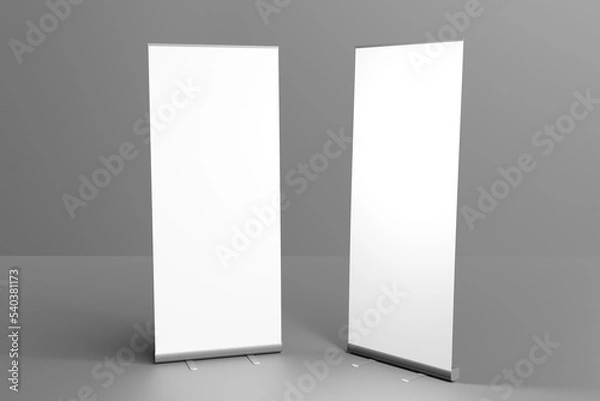 Fototapeta Blank white roll-up banner display mockup design, isolated, 3d rendering