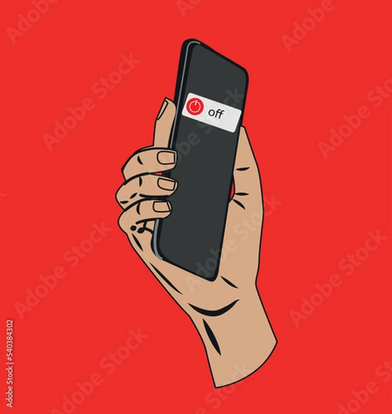 Fototapeta Hand holding a smartphone with power off , Flat design on black  background. Vector illustration.