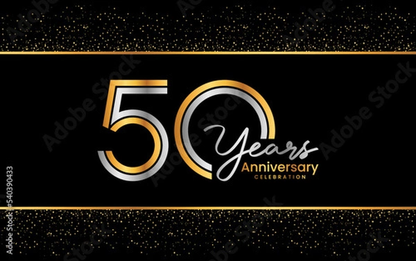 Fototapeta 50th Anniversary Logotype. Golden Anniversary logo design in golden color for celebration event, invitation, greeting card, flyer, banner, poster, double line logo, vector illustration