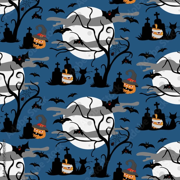 Fototapeta Seamless spooky Halloween vector pattern with haunted house in graveyard. Use as a background, wallpaper or print on a fabric. Convenient for any design surfaces.