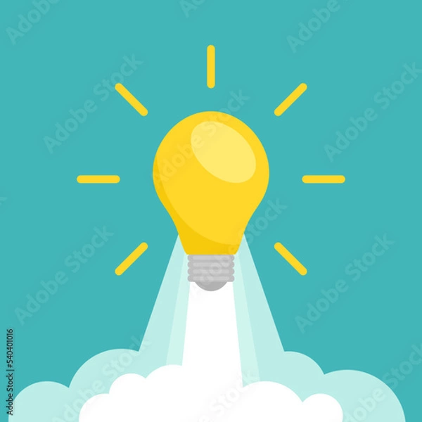Fototapeta yellow rocket bulb with rays and clouds flying up. Isolated on blue background. Imagination icon.