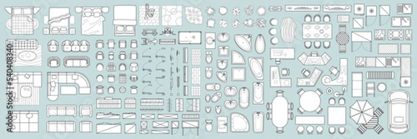 Obraz Vector set. Architectural elements and furniture for the floor plan. Top view. Beds, sofas, kitchens, chairs, doors, windows, wardrobes, trainers, tables, baths, toilet bowls. View from above.