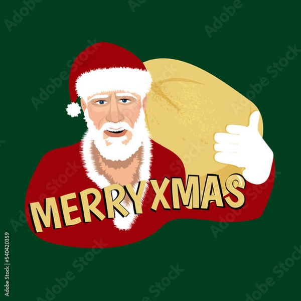 Fototapeta Bad cool old Santa Claus with  beard in a fur coat. Gold glitter sticker print. Sack of money. Congratulation Merry Xmas.