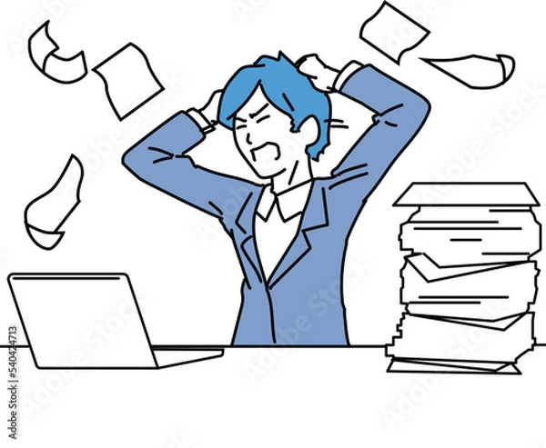 Fototapeta 残業　仕事の山　悩む　頭をかかえる　男性　ビジネスマン