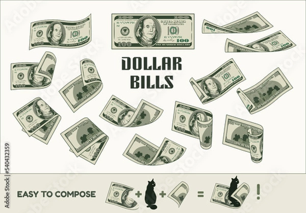 Fototapeta Set of 100 dollar bills with front and reverse side. Bent, folded, twisted banknotes in different ways. Cash money. Vintage style. Color detailed isolated vector illustration on a white background.