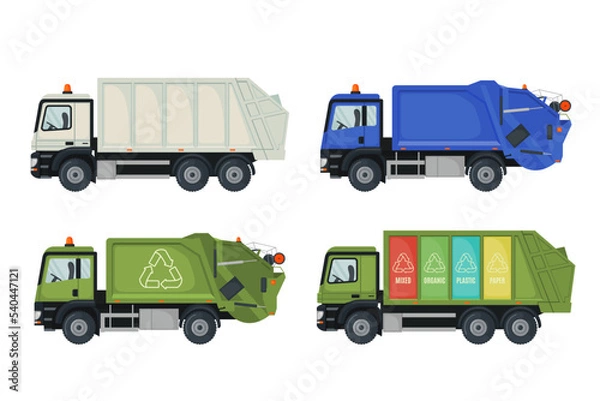 Fototapeta Set of garbage truck icons in flat style isolated on white background.