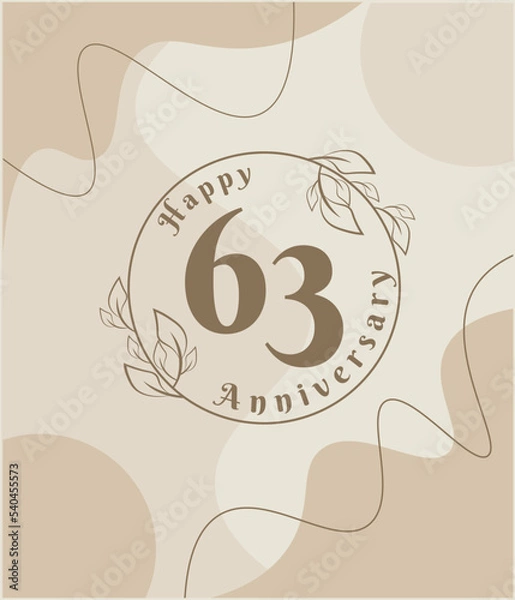 Fototapeta 63 year anniversary, minimalist logo. brown vector illustration on Minimalist foliage template design, leaves line art ink drawing with abstract vintage background.