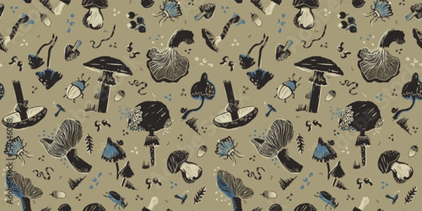 Fototapeta Seamless pattern with mushrooms. Silhouette graphics on a forest theme: leaves, beetles, moth, earthworm, berry, acorn, snail. Fly agaric, chanterelle, grebe, porcini mushroom in pastel tones.