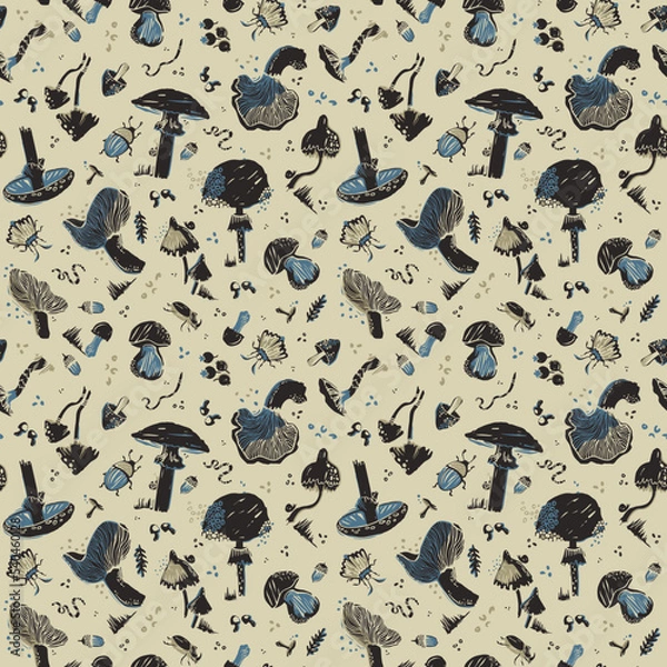 Fototapeta Seamless pattern with mushrooms. Silhouette graphics on a forest theme: leaves, beetles, moth, earthworm, berry, acorn, snail. Fly agaric, chanterelle, grebe, porcini mushroom in pastel tones.