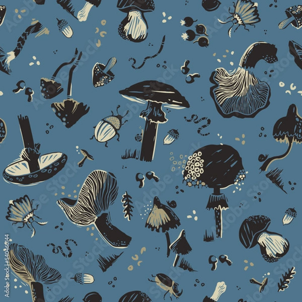 Fototapeta Seamless pattern with mushrooms. Silhouette graphics on a forest theme: leaves, beetles, moth, earthworm, berry, acorn, snail. Fly agaric, chanterelle, grebe, porcini mushroom in pastel tones.