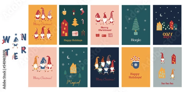 Obraz Christmas cards with merry gnomes and holiday quotes. cute elf, christmas tree, houses, gifts