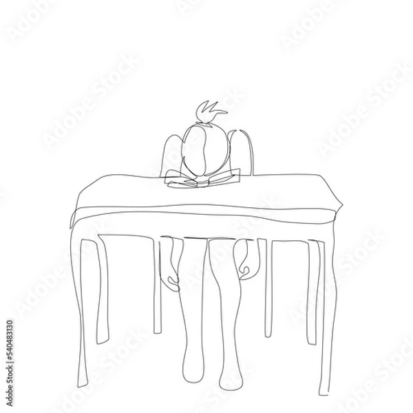 Fototapeta One depression girl is sitting face down at the table isolated vector illustration in single line drawing style.Alone Teenager is tried and be absent-minded vector continue line concept healthcare.