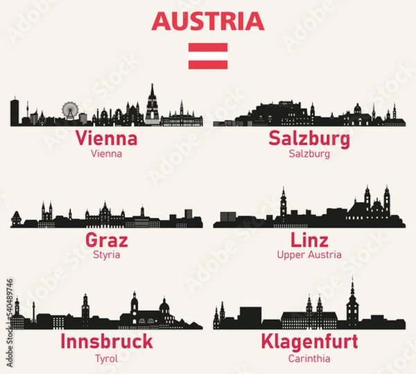 Fototapeta Austria cities skylines silhouettes vector set