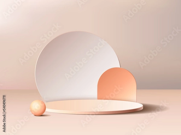 Obraz "Minimal cream Podium and sphere with 3d render vector in abstract Gray background composition,
 3d mock up scene geometry shape platform for cream product display. stage for cream modern vector.