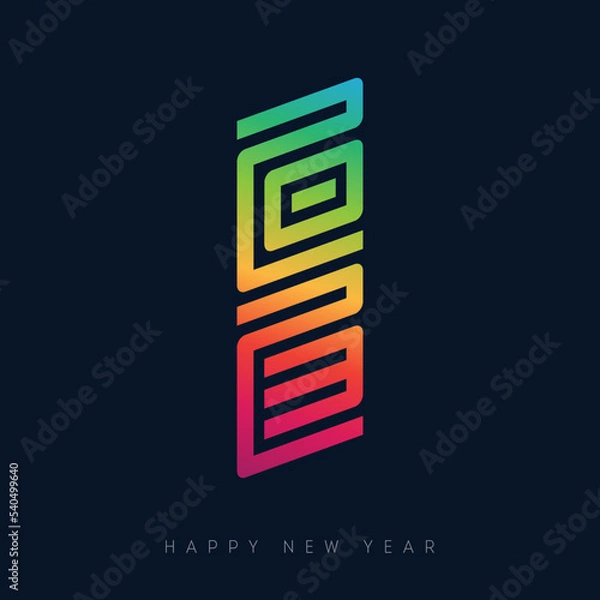 Fototapeta Brochure or calendar design template. Happy New Year 2023. Cover of business diary with wishes and inscription 20 23 looks like oriental hieroglyph. New year's Illustration on dark background.