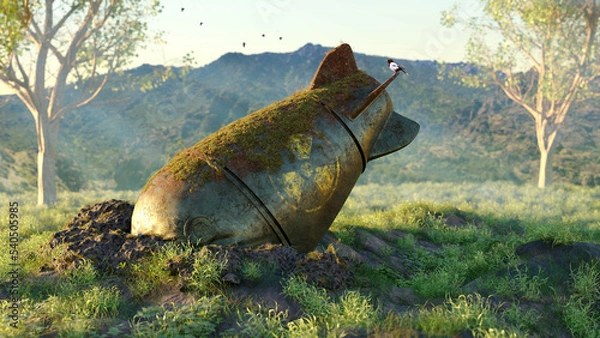 Fototapeta An old overgrown unexploded live broken nuclear bomb weapon on a grass field dropped from plane. Hope after nuclear war. Moss and plants growing over it. 3d illustration
