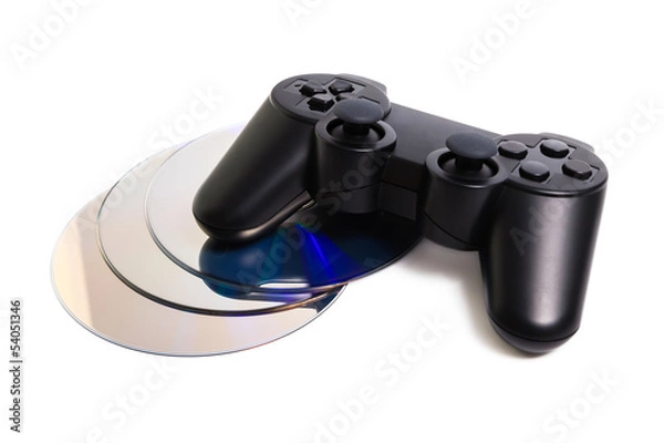 Obraz Game controller and disc isolated on white background