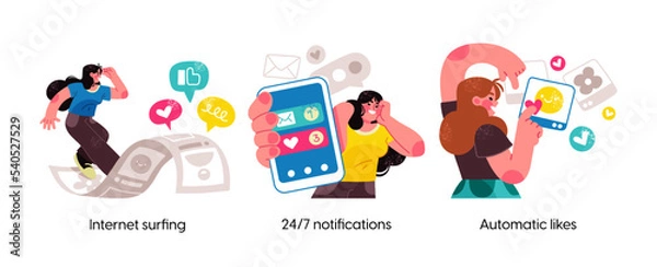 Fototapeta Modern social media problems, peculiarities and differences. Concept business illustrations. Internet and gadget addiction