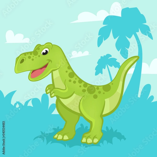 Obraz Cartoon green dinosaur on a blue background. Prehistoric time