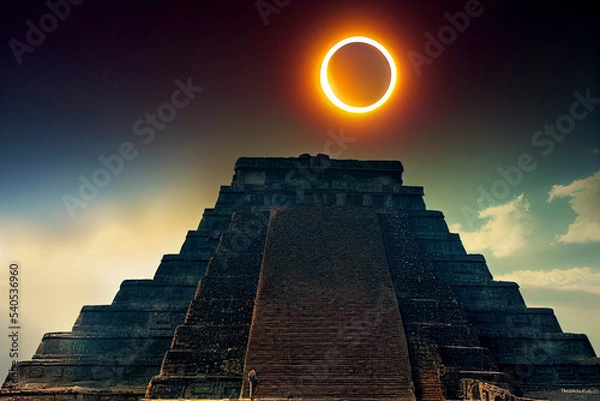 Obraz Eclipse over a Mayan temple illustration
