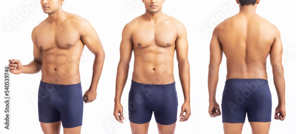 Fototapeta Collage different angle view of a muscular man wearing underwear isolated on white background. Black underwear for men copy space