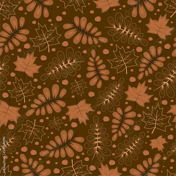 Fototapeta seamless autumn pattern Vector, brown leaves and plants, flat fall design, cozy fall, print for fabric, hello autumn, fall wallpaper, floral forest ornament on a light background for stationery