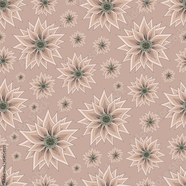 Fototapeta seamless pattern flowers on a beige background, floral ornament, print for fabric and wallpaper, pattern for stationery, flat design plant elements, botanical background