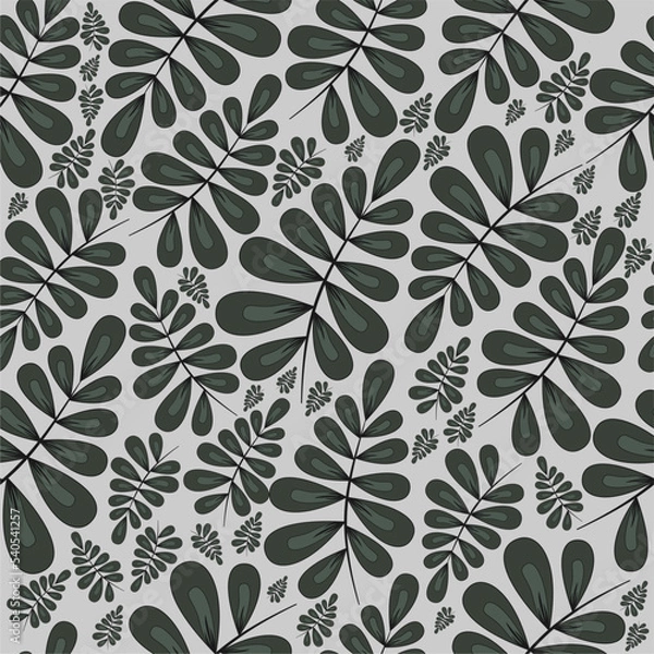 Fototapeta seamless pattern green leaves on a gray background, floral ornament, print for fabric and wallpaper, stationery pattern, flat design plant elements, botanical background
