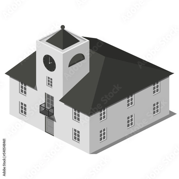 Fototapeta Isometric, grey small town hall with tower. City architecture.  Europe architecture.