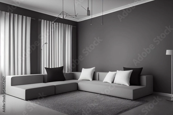 Fototapeta Modern living room interior with arch and three white poster on dark wall. Grey sofa with cushions, coffee table, chest of drawers and lamp. Concrete floor. 3D rendering