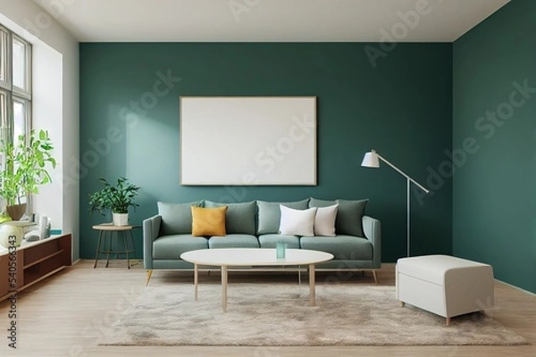 Fototapeta Minimal living room interior background, green empty wall mock up, living room mock up, modern living room with television console and table, scandinavian style, 3d rendering