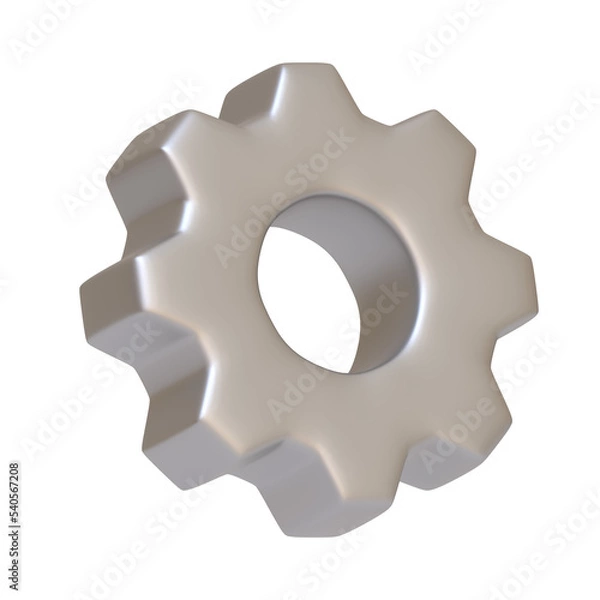 Fototapeta Metallic gear icon isolated on white background. 3D icon, sign and symbol. Cartoon minimal style. 3D Rendering Illustration