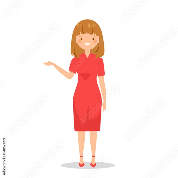 Fototapeta The girl shows something. Character in flat style
