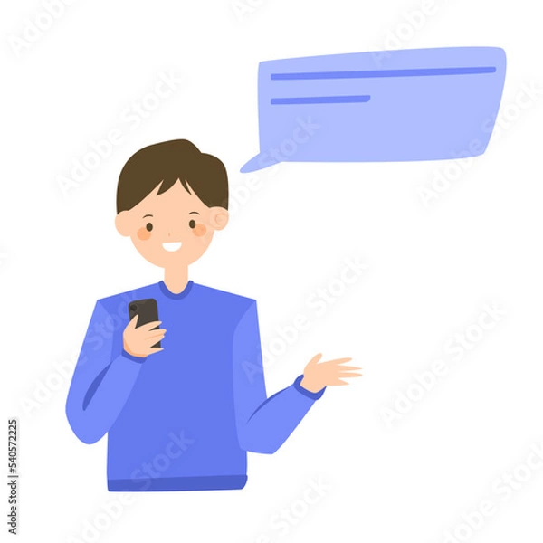 Fototapeta Young male character using a mobile phone. Character in flat style