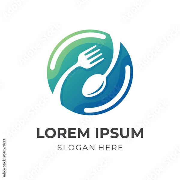 Fototapeta food restaurant logo vector spoon and fork combination logo with 3d green color style