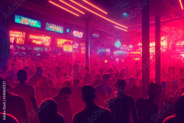 Fototapeta Crowded futuristic cyberpunk street and marketplace, Concept Art, Digital Illustration