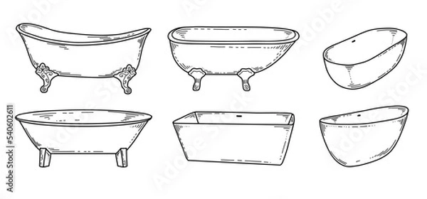 Obraz Hand-drawn bathtub, different angles and styles. Simple doodle sketch style. Vector illustration.