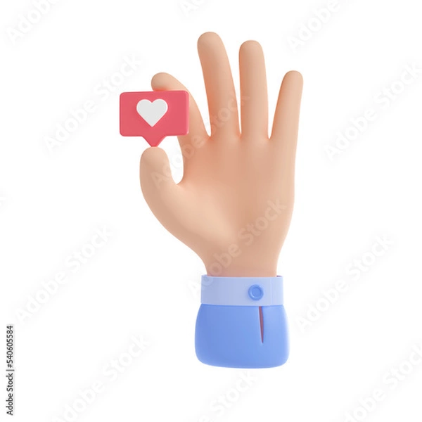 Fototapeta 3D illustration of hand with like message isolated on white background. Human fingers holding red heart speech bubble. Customer feedback icon. Symbol of satisfaction, love. Social media communication