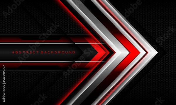 Fototapeta Abstract red silver arrow black cyber geometric line banner on black hexagon mesh pattern design ultramodern luxury futuristic technology background vector