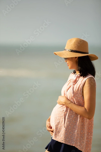 Obraz side view of beautiful pregnant woman on the beach