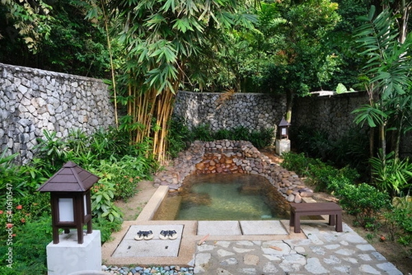 Fototapeta Beautiful pool at pangkor island resort with lush of greenery.