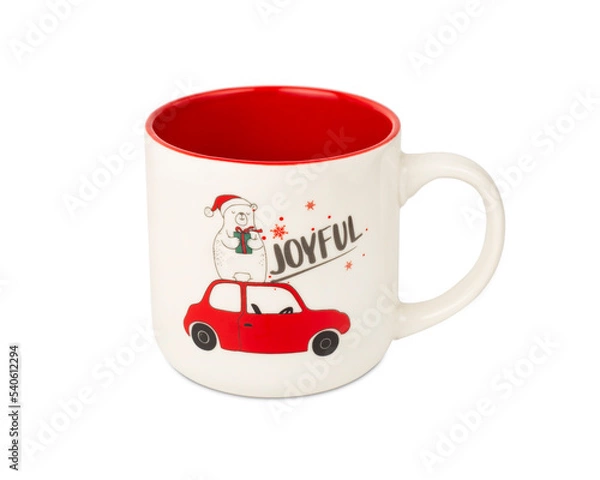 Obraz Ceramic mug with Christmas print isolated on white background. White mug with Christmas pattern.