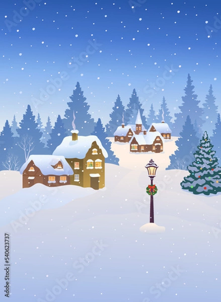 Fototapeta Vector drawing of a small snowy town, vertical winter background